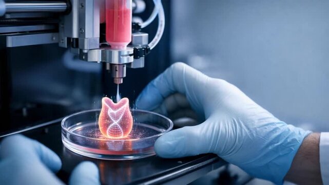 genomic medicine precision healthcare concept. 3D printing in a lab setting with a focus on a petri dish.
