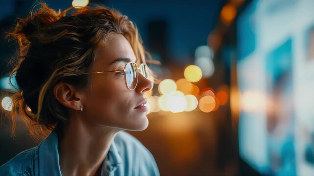 Thoughtful woman standing at night looking at a blank illuminated billboard in an urban environment