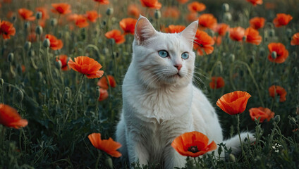 White cat with blue eyes sitting in blooming poppy field. Elegant white kitten in orange flower meadow at sunset. Cute blue‑eyed cat posing among vibrant poppies.