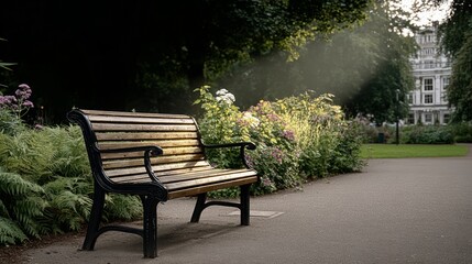 A wooden bench sits in a park with a view of a building. The bench is empty and the flowers in the background are in full bloom. The scene is peaceful and serene