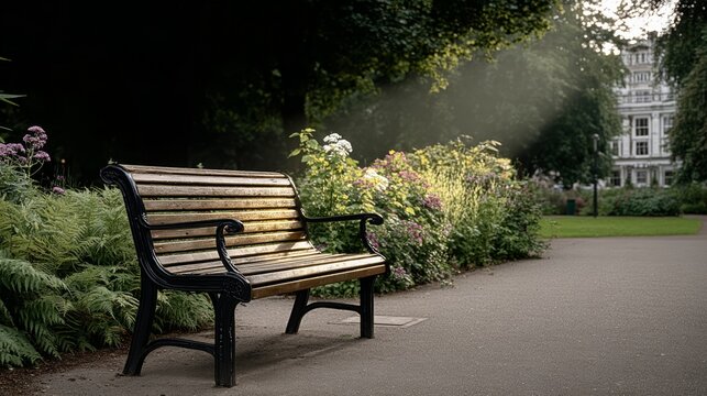 A wooden bench sits in a park with a view of a building. The bench is empty and the flowers in the background are in full bloom. The scene is peaceful and serene