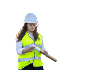 Female engineer reviewing blueprint on construction site. PNG background