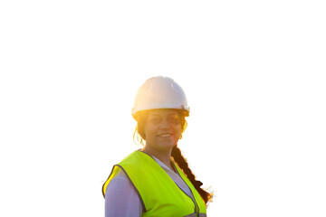 Female engineer smiling and wearing safety vest and helmet at sunset. PNG background