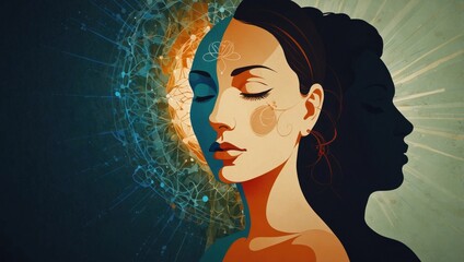 Dual‑toned woman in deep meditation with abstract neural aura. Surreal portrait of inner self and shadow side in cosmic energy field. Mind, soul, and shadow illustrated as one serene feminine figure.
