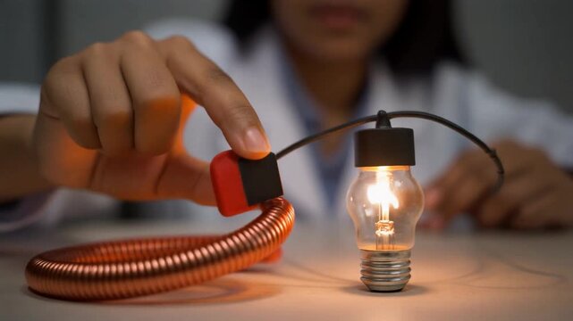 Scientist Moving Magnet Near Copper Coil Flickering Light Bulb Experiment