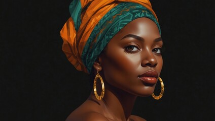 Elegant woman in orange and teal African headwrap on black background. Sophisticated close‑up of a black woman in traditional headwrap and warm studio lighting.