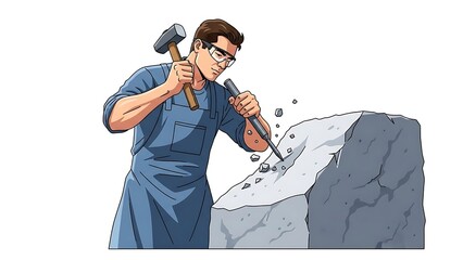 Skilled craftsman meticulously carves a stone sculpture with hammer and chisel.