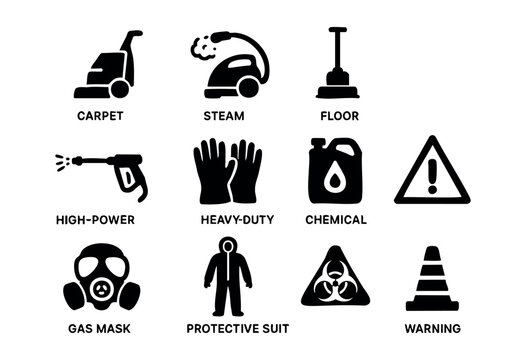 A collection of black silhouette icons representing various cleaning equipment, personal protective gear, and essential warning signs for industrial and hazardous environments &mdash; stock vector.