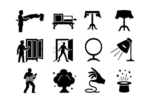 A comprehensive set of black silhouette icons depicting classic magic tricks and illusionist props, including levitation, sawing a person, escapism, and a magic hat &mdash; stock vector.