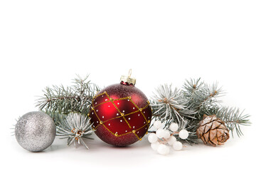 Christmas card with fir branches and Christmas decorations. Copy space