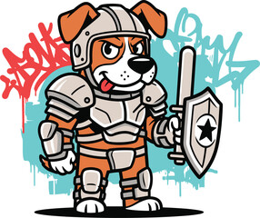 Cartoon dog in armor with shield and graffiti background