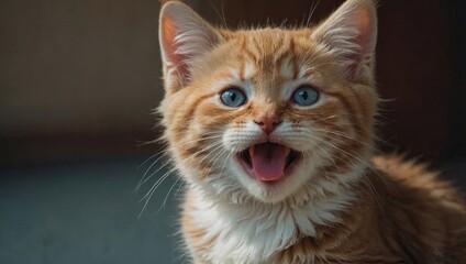 Adorable ginger kitten with blue eyes meowing close up. Happy orange tabby kitten portrait with open mouth. Cute fluffy baby cat looking at camera and meowing.