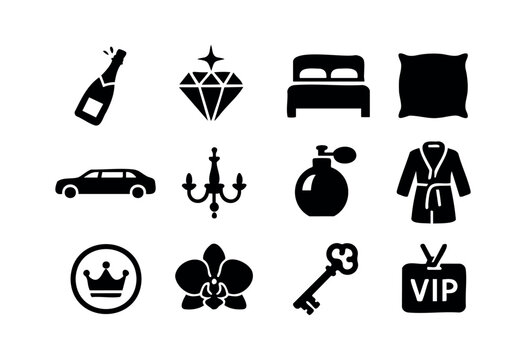 A collection of black silhouette icons representing luxury, exclusivity, hospitality, and premium experiences on a clean white background &mdash; stock vector.