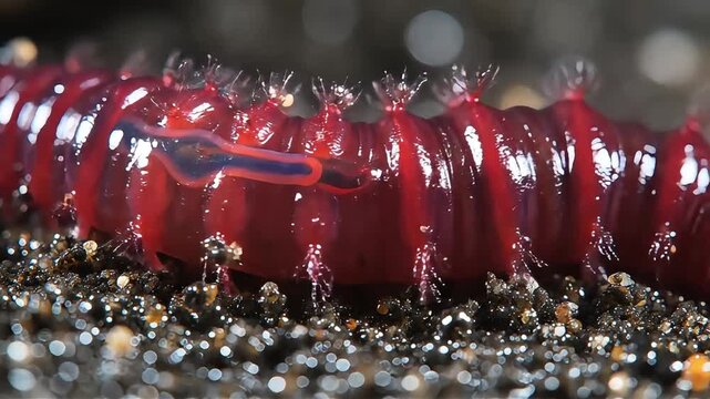 Extremely close-up macro shot of a vibrant red segmented invertebrate with visible internal blue organs and spiky protrusions, crawling on a dark, sparkling wet granular surface.