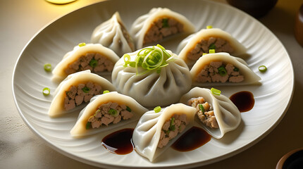 steamed dumplings, traditional asian cuisine, delicate pleated wrapper, fragrant filling, savory dipping sauce, porcelain plate, rustic wooden table, natural lighting, close-up composition, 4K and HD