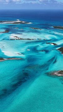 Exuma Skyline At Exuma Islands In Black Point Bahamas. Stunning Cityscape. Beach Landscape. Shades Of Blue Watercolor. Exuma Skyline In Exuma Islands In Black Point Bahamas. Caribbean Background.