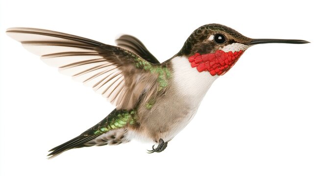 Close-up Side Profile of a Ruby-throated Hummingbird in Mid-Flight Displaying Iridescent Feathers