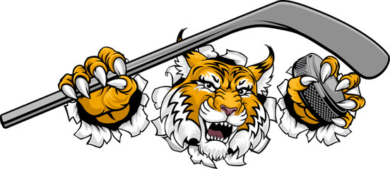 A wildcat or bobcat ice hockey team cartoon animal sports mascot