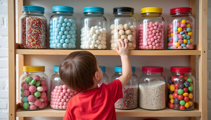 Curious toddler reaching for colorful candies in glass jars on a wooden shelf