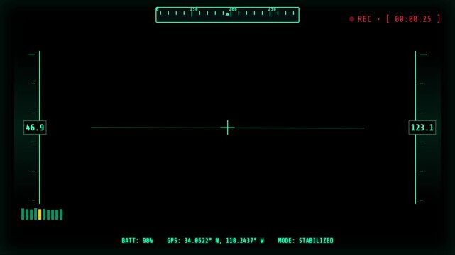 Digital Drone Camera Viewfinder HUD Overlay, Military Tactical Interface Element. Green GPS Telemetry Data Animation. Pilot Cockpit Screen Mode