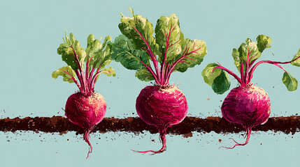 Three Red Beets with Green Leaves in Soil beetroot