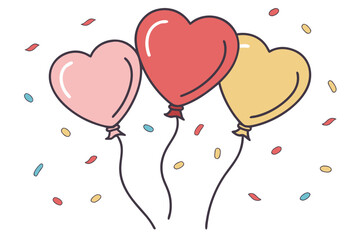 Playful heart-shaped balloons in pink, red, and yellow with ribbons and confetti, symbolizing love, romance, family joy, party celebration, weddings, Valentine&rsquo;s Day, and festive gatherings.