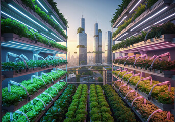Sustainable urban vertical farm with advanced hydroponics and LED lights in a futuristic green city
