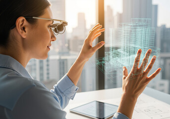 Professional architect woman in AR glasses interacts with futuristic holographic 3D building model for city planning and design.