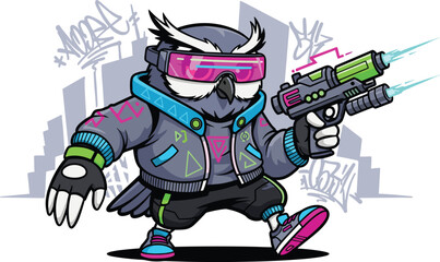 An owl character holding a gun in a city background
