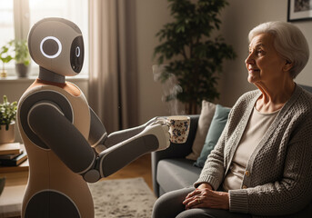 Humanoid robot serving tea to an elderly woman in a modern living room, representing home assistance and AI senior care technology.