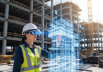 Construction engineer using augmented reality (AR) goggles to analyze digital building model on site, future technology.