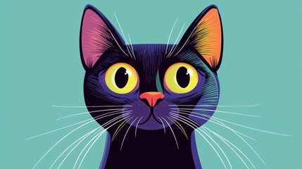 Cartoon black cat with wide eyes, surprised expression, teal background.  Possible use children's book, greeting card, website banner