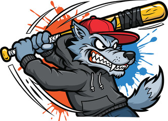 Obraz premium Cartoon wolf in hoodie swings baseball bat aggressively.