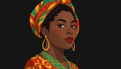 Confident woman in vibrant African headwrap on dark background. Stylish portrait of elegant woman wearing colorful orange and green turban and gold hoops.