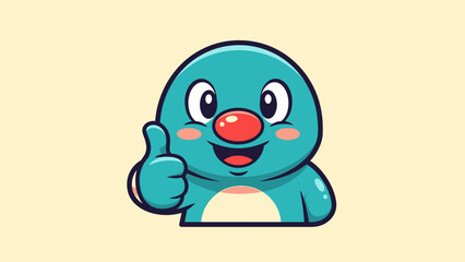 Happy Blue Character with Red Nose Giving Thumbs Up Gesture on Yellow Background