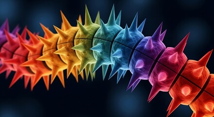 Rainbow gradient of spiky virus-like or cellular structures arranged in a curved line against a dark background.