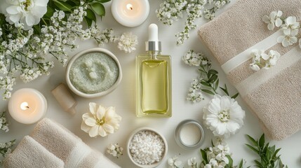 Luxurious spa setup with essential oil bottle, candles, flowers, and skincare products on white background, embodying natural beauty and relaxation