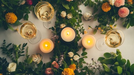 Elegant table setting with wine glasses, lit candles, and colorful flowers create a romantic ambiance for a special occasion or intimate dinner