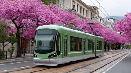 Naklejka premium A green train is traveling down a street with pink trees in the background. The train is surrounded by a beautiful, serene atmosphere