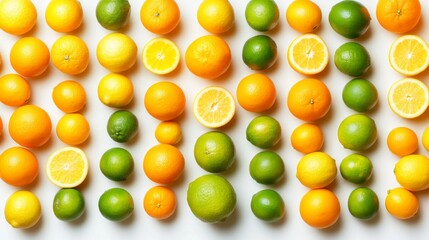 Colorful arrangement of whole and sliced lemons, limes, and oranges creating a vibrant pattern against a white background, showcasing fresh citrus fruits