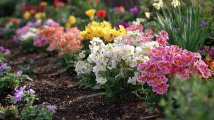 Obraz premium Medium shot of a blossoming flower garden capturing natures seasonal transformation from barren soil to vibrant blooms over time.