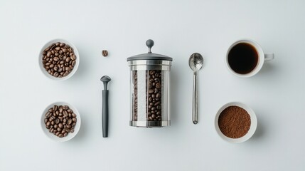 Flat lay of coffee making tools with beans, grinder, and French press on light background. Modern coffee culture concept with copy space