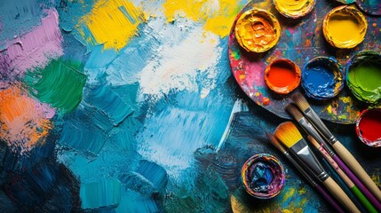 Colorful artist's palette with acrylic paints and brushes on blue textured canvas. Creative art supplies for painting with copy space