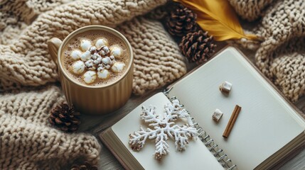 Cozy winter scene with mug of hot chocolate topped with marshmallows, decorative snowflake, cinnamon stick, and pinecones on knit texture. Holiday warmth concept