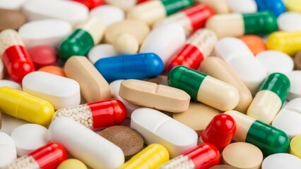 Close-up of Various Colorful Pills, Capsules, and Tablets for Medical and Healthcare Background