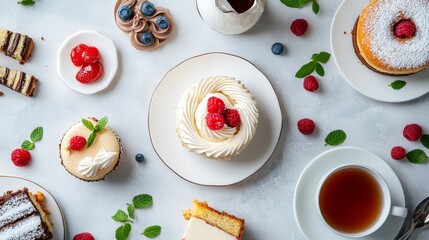 Variety of colorful desserts including cupcakes, cakes, and pastries garnished with fresh berries. Luxury sweet buffet concept with tea