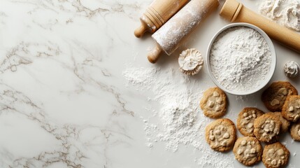 Baking essentials including flour, rolling pins, cookies, and cookie cutters arranged on white marble background. Home baking concept with copy space