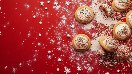 Homemade sugar cookies with white frosting and colorful sprinkles on vibrant red background with powdered sugar snowflakes. Holiday baking concept