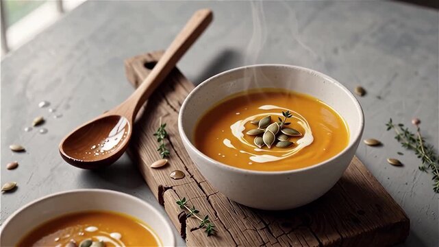 Soupe de potiron onctueuse servie dans une ambiance rustique et chaleureuse