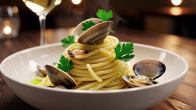Spaghetti aux palourdes servis chauds dans une ambiance gastronomique